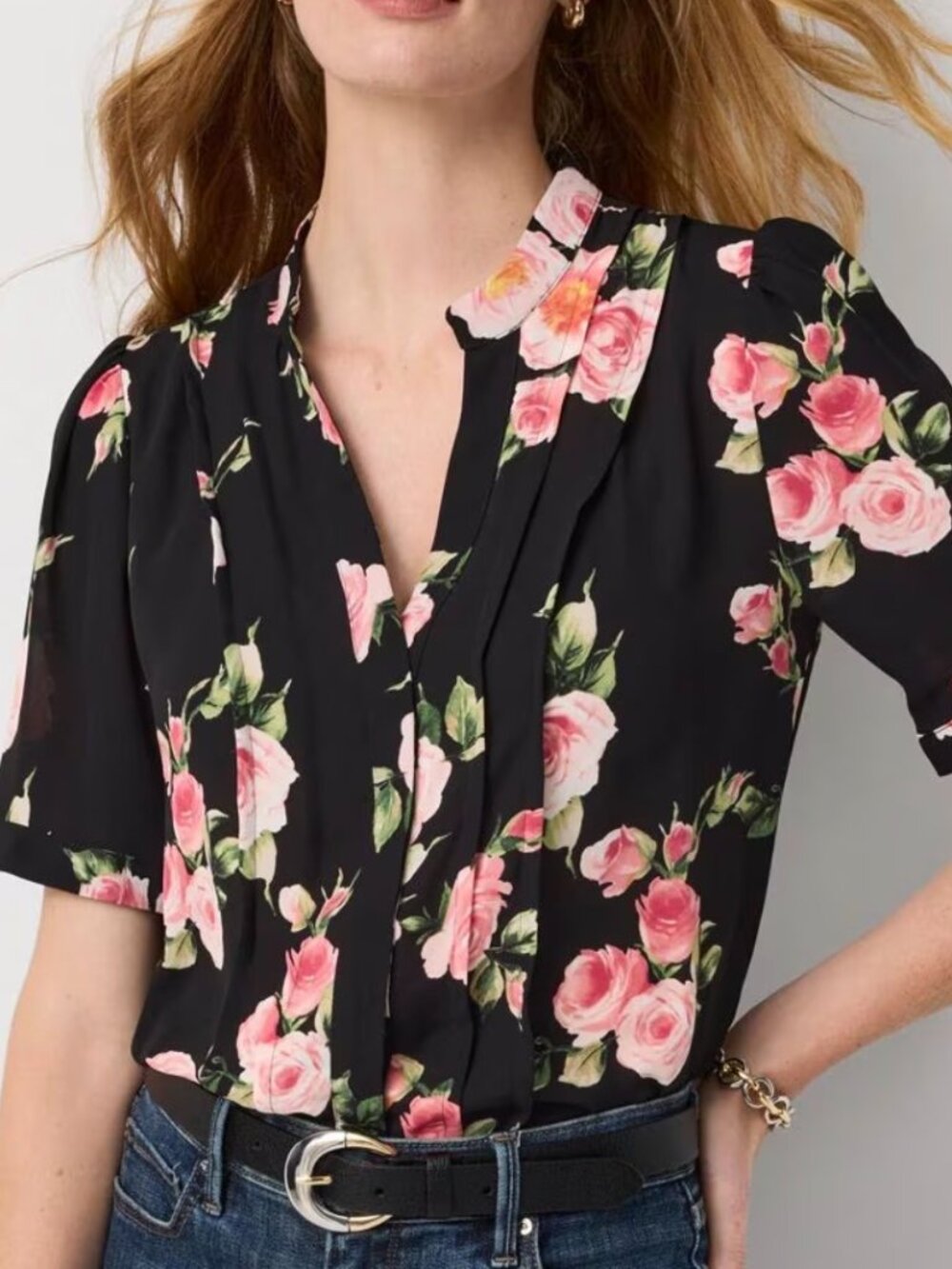White House Black Market Pleated Crepe Shirt. Black with Pink. Size: Large NWT